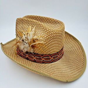 Feather Straw Cowboy Cowgirl Hat Southwestern Woven Hat Band Vtg Sz Small Unisex
